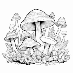 create a blackandwhite coloring page of mushrooms growing on a forest floor show mushrooms of various shapes and sizes with bold outlines nestled among simple details like leaves small rocks and grass keep the design uncluttered with large spaces