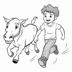 cow chasing boy