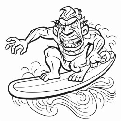 tiki man riding a surfboard on a wave