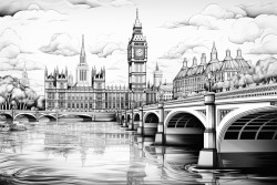 black and white adult coloring book page cubism art style a montage imge of london main attractions