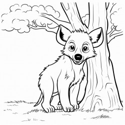 hyena hiding behind a tree