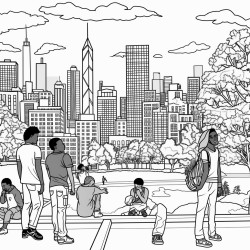 a scene of black and brown peoplein in a city park with buildings in the background