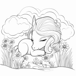 baby unicorn sleeping in a meadow with fog