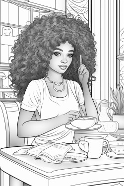please create a coloring page with cute curly hair black girls in coffee shop