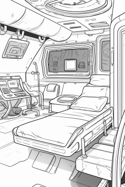 space ship cabin c bed with screens with desk space futuristic detail