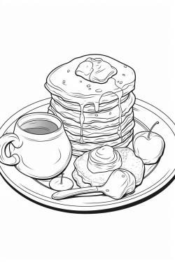 pancakes and a poached egg on the table with two cups of coffee