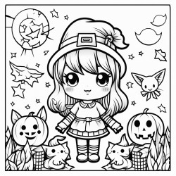 coloring page summer hallowen no background kawaii style white and black