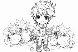 fantasy and cute male fairy that collect berries from a garden