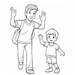 a 3 year old boy waving his hand any saying bye to his father who is standing away from him