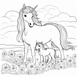 mom unicorn and her baby are sitting in the meadow and looking at the rainbow