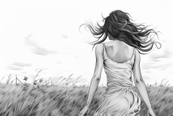 women walking in the grass smoking having her back shown and wind blowing her hair