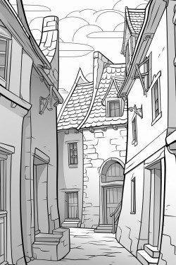ankhmorpork twisted alleys cobblestones leaning buildings warped timbers chimneys smoke