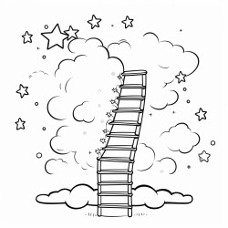 una escalera hacia un cielo estrellado con formas circulares y tiernas alrededor