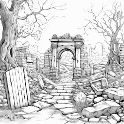 a crumbling arched stone gate leading into a haunted graveyard