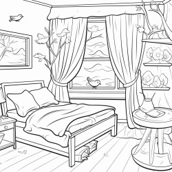 inside of bedroom with tree view and birds nest coloring page black and white