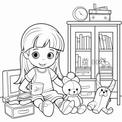 cute girl sitting in her room and playing with her doll and doll house