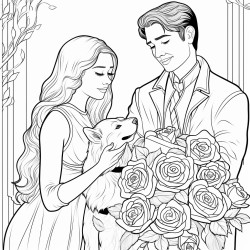 young man with retriever gives roses to young lady