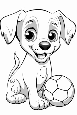 an adorable puppy with big floppy ears playing with a ball black and white coloring page