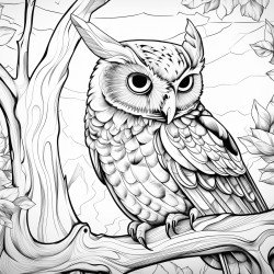 a extreme closeup of a wise old owl threequarter view to the left in a cozy treehouse interior pop art style for a adult