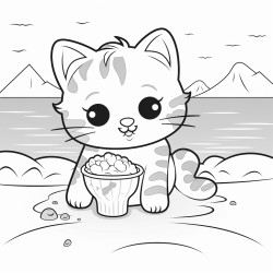 kitty laying on the beach eating ice cream