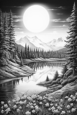 create a serene landscape with a full moon shining in a clear sky below a tranquil lake reflects the moonlight surrounded by swaying trees and rolling hills add distant mountain silhouettes and a few twinkling stars to evoke a sense of calm and wonder