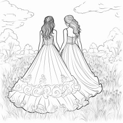 the back a thin bride and a larger bride in wedding dresses in a field of