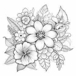 a bloom of intricate botanical flowers with complex designs and patterns in a white outline style