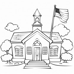 a two story country school house a flag pole to the left and bell tower stairs in center