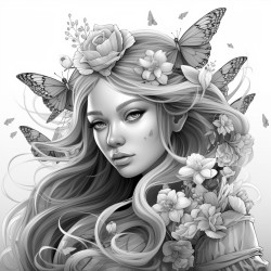 fairy girl with fairy wings flower petals flying around her