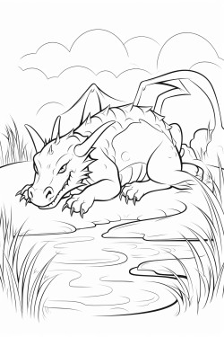 a dragon sleeping in a field near a stream
