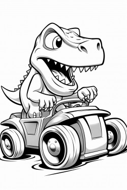 a dinosaur driving a monster truck
