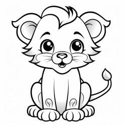 a cute baby lion sitting with its tail curled around its body simple and bold lines 85 x 11 inches 300 dpi