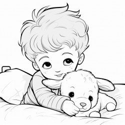 little boy cuddling lamb stuffie in bed