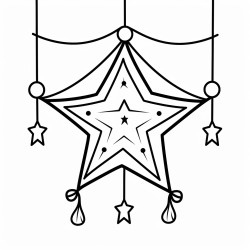 coloring page of a starshaped piata with simple patterns and streamers hanging from a rope