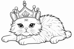 fluffy white spoiled cat with crown on the head and pink diamond ring on left paw lying on a cushion