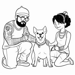 thin punk guy bald with beard playing with male boxer dog with cute chubby woman wearing glasses