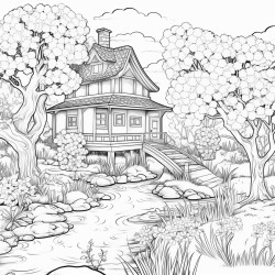 wellwatered garden with cherry blossom in the background and a cottage