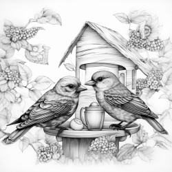 singing bluebirds drink freshly brewed coffee at a breakfast table in a forested magical woodland near their nest