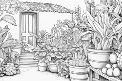un jardin crole de la runion avec une case typique des bananiers papayers fleurs lgumes