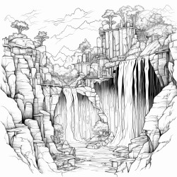 a dark waterfall cascading down jagged rocks surrounded by dead trees and crumbling statues