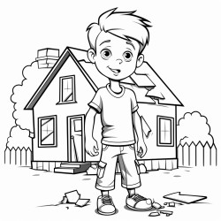 a young boy wearing a torn tshirt and baggy jeans standing outside a small brokendown house