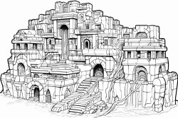 delapidated temple with clockwork features around it hidden in a box canyon