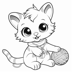 kitten playing with yarn no color no shading thick lines