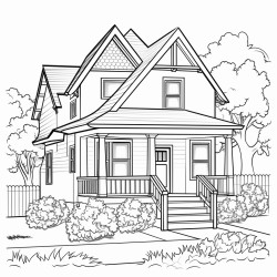 black and white detailed line drawing of a cottage style home exterior high attention to details