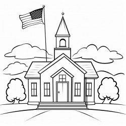 a two story country school house a flag pole to the left and bell tower stairs in center