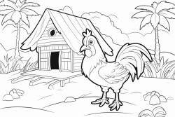 a pretty chicken house in a large field a rooster in the foreground chickens and ducks tropical vegetation in the background