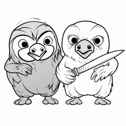 baby chicken holding knife chases walrus