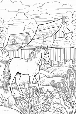 horses graze in lavender fields whimsical landscape with a quaint stone house surrounded by flowers and a cypress tree