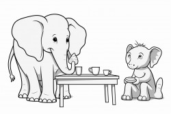 image of a elephant sitting at a table drinking a cup of coffee with a donkey