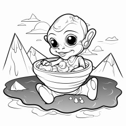 an alien laying down a river while eating ice cream